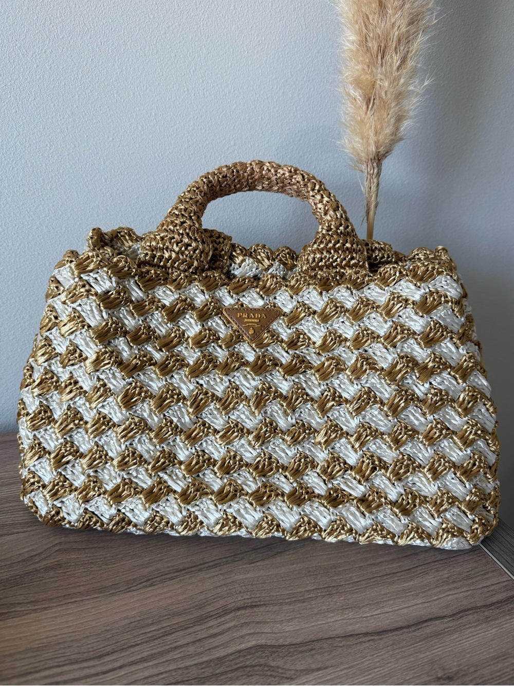 Prada Triangle Raffia Canapa Tote